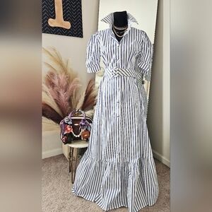 NWT Blue White Stripe Maxi Dress Women’s Medium Belted Pockets